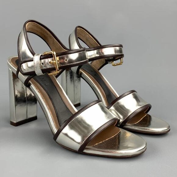 MARNI Silver Metallic Block Heel Sandal Ankle Strap Sz 36.5 / 6 - Picture 1 of 8